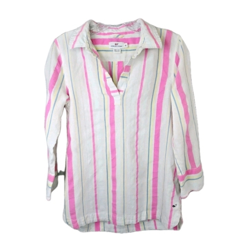Vineyard Vines Womens Savannah Tunic Popover Top Size XS Pink White Striped Logo